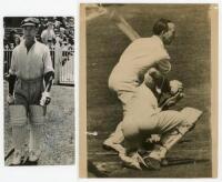 Arthur Lindsay Hassett. Victoria &amp; Australia 1932-1953. Two original mono press photograph of Hassett, one of him walking out to bat c.1948, signed to the photograph by Hassett. The signature a little faded but legible. 4&quot;x8.5&quot;. Australian N