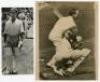 Arthur Lindsay Hassett. Victoria &amp; Australia 1932-1953. Two original mono press photograph of Hassett, one of him walking out to bat c.1948, signed to the photograph by Hassett. The signature a little faded but legible. 4&quot;x8.5&quot;. Australian N