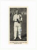 John Berry 'Jack' Hobbs. Surrey &amp; England 1905-1934. Mono magazine cutting image laid to white card of Hobbs standing full length in batting attire at The Oval. Nicely signed in blue ink by Hobbs. Overall 4&quot;x5.5&quot;. VG - cricket