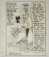 Roy Ullyett. Large amusing original pen and ink caricature/ cartoon artwork with blue highlights, by artist Roy Ullyett, depicting a man wearing coat and cap seated on a bar stool with a glass of beer in his hand, holding a newspaper with the headline, 'C
