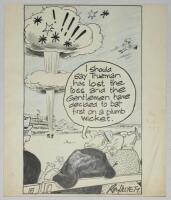 Gentlemen v Players, Lord's 1962. Large amusing original pen and ink caricature/ cartoon artwork with blue highlights, by artist Roy Ullyett, depicting two spectators in the foreground looking up into the sky at a large, explosive mushroom cloud. The two 