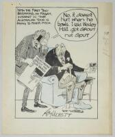 M.C.C. tour to Australia 1962/63. Large amusing original pen and ink caricature/ cartoon artwork with blue highlights, by artist Roy Ullyett. The title reads, 'With the First Test beginning on Friday, interest in the Australian tour is rising to fever pit