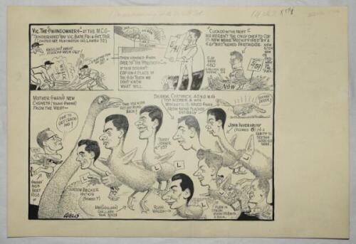 Samuel Wells cartoons 1949-1960. Three excellent large original pen and ink caricature/ cartoon artworks by artist Samuel Wells for the Age newspaper, Australia. 'Swandown-ing at the M.C.G.- Sat' covers the first two days of the Victoria v Western Austral