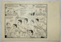 Samuel Wells cartoons 1949-1960. Three excellent large original pen and ink caricature/ cartoon artworks by artist Samuel Wells for the Age newspaper, Australia. 'Swandown-ing at the M.C.G.- Sat' covers the first two days of the Victoria v Western Austral