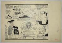 Samuel Wells cartoons 1963-1966. Two excellent large original pen and ink caricature/ cartoon artworks by artist Samuel Wells for the Age newspaper, Australia. 'Pitch 'n' Toss at Gabba', covers the first Test, Australia v South Africa, Brisbane, 6th- 11th