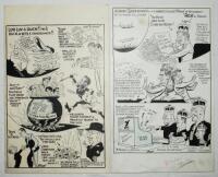 Samuel Wells cartoons. Australia v South Africa 1952-1967. Three excellent large original pen and ink caricature/ cartoon artworks by artist Samuel Wells for the Age newspaper, Australia. 'Lor Luv a Duck!&quot; Victoria v South Africa 1952/53, covering th