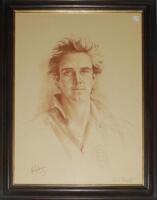 Jocelyn Galsworthy. Artist. Kevin Peter Pietersen MBE. Nottinghamshire, Hampshire, Surrey &amp; England 2001-2015. Large and impressive original pastel and pencil portrait of Kevin Pietersen, head and shoulders, wearing cricket shirt and sweater with Engl