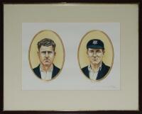 William 'Bill' Voce. Nottinghamshire &amp; England 1927-1952 and Harold Larwood. Nottinghamshire &amp; England 1924-1938. Original colour artwork by Mike Tarr of Voce, head and shoulders, and Larwood wearing Nottinghamshire cricket cap. Signed by artist M