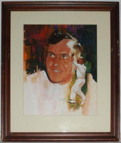 Alec Bedser. Surrey &amp; England 1939-1960. Large and impressive original watercolour painting of Bedser, head and shoulders and in bowling pose, by artist Rodger Towers in 1983. Signed by the artist. The image was published in 'The Lord's Taverners fift