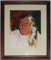 Alec Bedser. Surrey &amp; England 1939-1960. Large and impressive original watercolour painting of Bedser, head and shoulders and in bowling pose, by artist Rodger Towers in 1983. Signed by the artist. The image was published in 'The Lord's Taverners fift