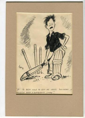 Cricket cartoon by 'Lane'. 1954. Original caricature cartoon in black ink by Lane depicting a tearful boy with tousled hair who has just been bowled out. The caption below reads, 'If I'd been able to get me usual 'air-cream it would've been a different st