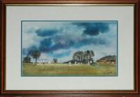 Cricket watercolour. Attractive original modern watercolour by J. Clare of a country cricket scene with a match in progress under a moody sky, pavilion and trees in the background. Signed by the artist. Date unknown. Approx. 14&quot;x9&quot;. Mounted, fra