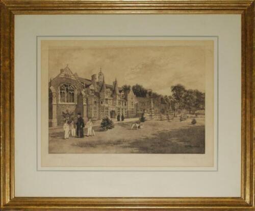 Cricket at Beaumont School 1892. Large etching by Wardlow and Allingham from an original picture by F.P. Barraud. Three boys in cricket attire standing with a school master with other figures and dogs in front of the school building in the background. Sig