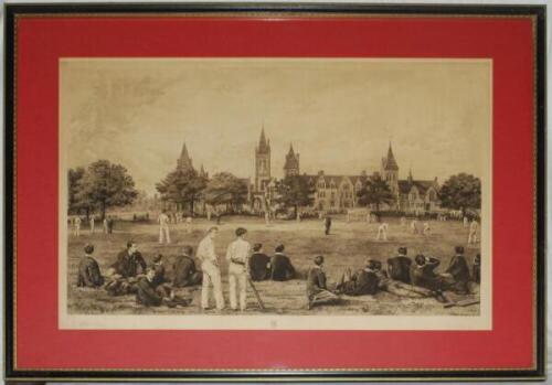 'Charterhouse'. Large etching, by F.G. Stevenson and A.H. Wardlow after H.J. Brooks, showing two cricket matches in progress in front of the school buildings with spectators to back and foreground. Published by Dickinson &amp; Foster, London, 2nd December