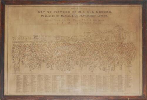 'Key to Picture of M.C.C. &amp; Ground 1892-1893'. Rare large original key plate of the original engraving with imagined large group of cricketers and cricket dignitaries on the pitch at Lord's, numbered in red, with the pavilion to the right, the indoor 