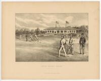 'Lord's Cricket Ground'. Original lithograph of an engraving of a match being played by William Mackenzie, London. 'Book of Field Sports' circa 1860. 12&quot;x9.5&quot;. VG - cricket