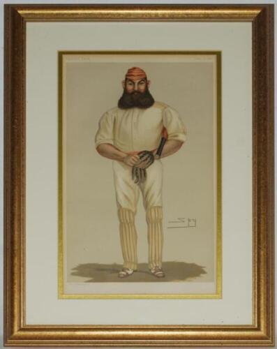 William Gilbert Grace. Gloucestershire &amp; England 1865-1908. Original Vanity Fair colour chromolithograph of Grace. 'Cricket'. July 9th 1877 by Spy. Attractively mounted, framed and glazed. Overall 13.75&quot;x19&quot; - cricket