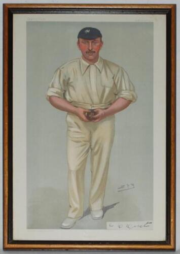 Yorkshire. George Herbert Hirst, Yorkshire &amp; England 1891-1929. Vanity Fair. 'Yorkshire'. Original colour chromolithograph of Hirst by SPY, dated 20th August 1903. Signature in ink of Hirst on piece laid down to lower right hand corner of the lithogra