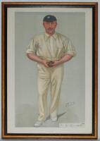 Yorkshire. George Herbert Hirst, Yorkshire &amp; England 1891-1929. Vanity Fair. 'Yorkshire'. Original colour chromolithograph of Hirst by SPY, dated 20th August 1903. Signature in ink of Hirst on piece laid down to lower right hand corner of the lithogra
