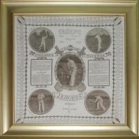 'England's Champion Batsman. J.B. Hobbs. Surrey &amp; England XI' 1922. Large linen handkerchief with printed headings and five images of Hobbs in various batting poses plus total runs and average in first class cricket up to 1922. Listed to outer border 