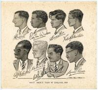 'West Indies Tour of England, 1950'. Tom Smitch. Mono pen and ink artwork on card depicting head and shoulder caricatures of eight members of the 1950 West Indies touring party. Players featured are John Goddard, Everton Weekes, Sonny Ramadhin, Robert Chr