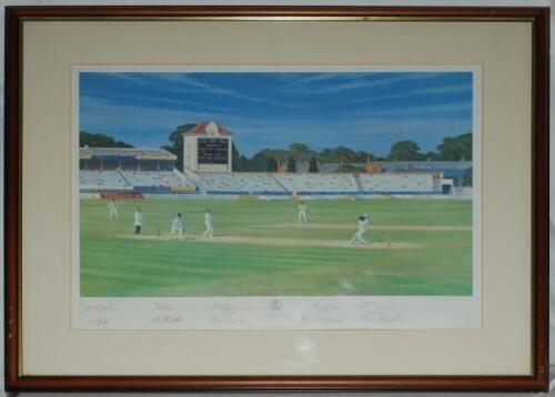Warwickshire. 'World Class'. Large colour print depicting Brian Lara hitting John Morris for four to score 501no, the highest score in the history of first class cricket, for Warwickshire v Durham 1994 by artist Craig Campbell. Signed neatly to lower bord