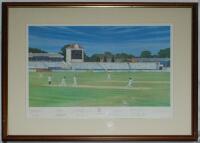 Warwickshire. 'World Class'. Large colour print depicting Brian Lara hitting John Morris for four to score 501no, the highest score in the history of first class cricket, for Warwickshire v Durham 1994 by artist Craig Campbell. Signed neatly to lower bord