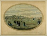 'The Noble Game of Cricket 1787'. An early oval, hand coloured engraving of a cricket match in progress in the grounds of a country house with the title 'Representation of the Noble Game of Cricket as played in the celebrated Cricket Field near White Cond