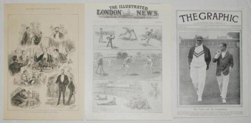 The Ashes 1876-1921. Seven original full page extracts from newspapers of the period. Six of the pages feature engravings of scenes from events and matches from Ashes series. Pages are from Illustrated Sporting and Dramatic News, depicting 'The English Te
