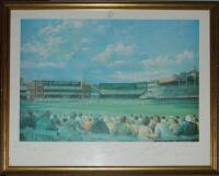 'Lord's Cricket Ground'. Alan Fearnley. Large limited edition colour print produced to commemorate the Centenary Test in 1980, England v Australia. Signed to lower border by the England team from that game. Twelve signatures including Botham, Gower, Boyco
