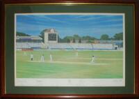 'World Class'. Large colour print depicting Brian Lara hitting John Morris for four to score 501no, the highest score in the history of first class cricket, for Warwickshire v Durham 1994 by artist Craig Campbell. Signed neatly in pencil to lower border b
