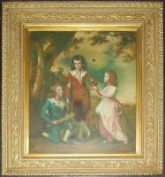 'The Wood Children' Joseph Wright of Derby 1789, the original in Derby City Museum and 'The Fight' John Morgan 1869. Two large modern reproductions of the famous cricket paintings on canvas, both in large ornate frames, overall 45&quot;x32&quot; and 29&qu