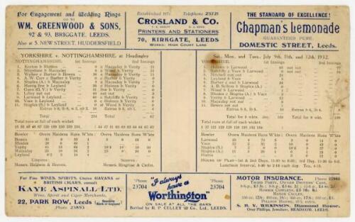 'Hedley Verity 10-10'. Yorkshire v Nottinghamshire, 9th- 12th July 1932. Original scorecard for the famous match played at Headingley where Hedley Verity took 10-10 for Yorkshire in Nottinghamshire's second innings. His final figures were 19.4 overs, 16 m