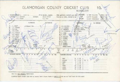 Glamorgan v Indians 1979. Official scorecard for the tour match played at Swansea, 25th- 27th July 1979. Incomplete printed scores. Signed by twenty players, the majority of whom played in the match, including Smart, Mir, Perry, Ontong, Lloyd, Mack, Hopki