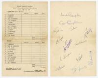 Leslie Harry Compton. Middlesex 1938-1956. Official scorecard for Leslie Compton's Benefit Match played at Slough, 20th June 1954. Signed to the verso by thirteen Middlesex players. Signatures include L. Compton, D. Compton, Warr, C. Robins, Moss, Brown, 