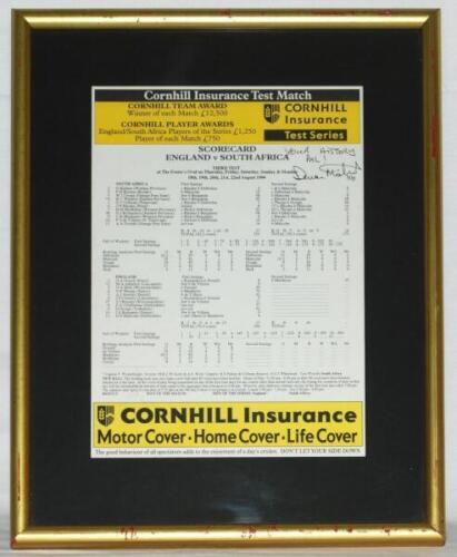 England v South Africa 1994. Official scorecard for the 3rd Test where Devon Malcolm took 9-57 in the South African second innings. Signed by Malcolm to scorecard and inscribed 'Your History Pal !'. Mounted, framed and glazed. Overall 13"x17". G