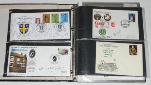 Cricket first day and commemorative covers 1976-1992. Black file comprising seventeen covers of which eleven are signed or multi-signed. Signed covers include Essex C.C.C. Centenary 1876-1976, twelve signatures including Gooch, Hardie, McEwan, Lever, East