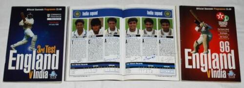 England v India 1996. Three official programmes, each multi-signed by players and some umpires. Second Test, Lord's 20th- 24th June 1996 (37 signatures), Third Test, Trent Bridge 4th- 9th July 1996 (35), Texaco Trophy Series 1996 (45). Signatures include 