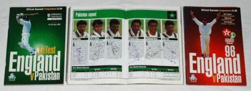 England v Pakistan 1996. Three official programmes, each multi-signed by players and some umpires. First Test, Lord's 25th- 29th July 1996 (36 signatures), Third Test, The Oval 22nd- 26th August 1996 (34), Texaco Trophy Series 1996 (39). Signatures includ