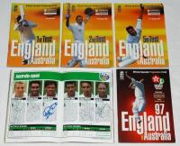 England v Australia 1997. Five official programmes, each multi-signed by players and some umpires. First Test, Edgbaston 5th- 9th June 1997 (29 signatures), Second Test, Lord's 19th- 23rd June 1997 (30), Fifth Test, Trent Bridge 7th- 11th August 1997 (31)