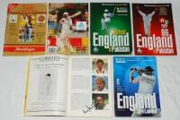 England programmes and tour guide 1987-1998. Four official programmes and two tour guides, each multi-signed by players and some umpires. M.C.C. Bicentenary Match, M.C.C. v Rest of the World, Lord's 20th- 25th August 1987 (10 signatures), Third Test v Pak