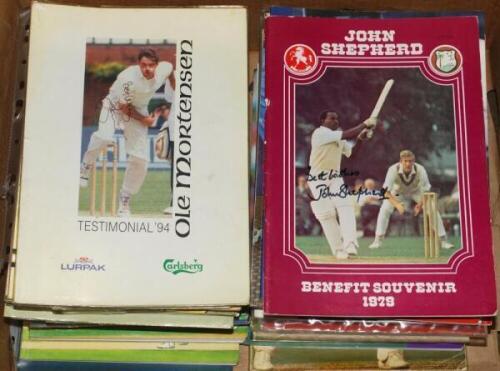 County player Benefit brochures 1970s-2000s. Box of forty seven benefit and testimonial brochures, the majority signed and some multi-signed. Signed brochures include Alan Knott 1976, Roger Tolchard, John Shepherd 1979, Alan Ealham 1982, Geoff Howarth 198