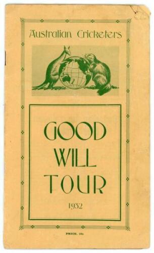 'Australian Cricketers. Goodwill Tour 1932'. Australian tour of Canada &amp; America 1932. Scarce official brochure for the tour with pen pictures, biographies and itinerary. The tour started in Victoria, Canada on 17th June and finished in Hollywood on 2