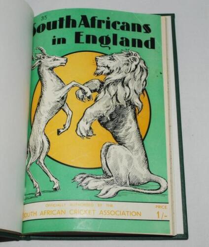 'South Africa in England 1935 &amp; Australians in South Africa 1935/36. Unusual joint tour brochure for the tours. Bound in modern green cloth with original decorative front wrappers to front and rear. Produced by the South African Cricket Association an