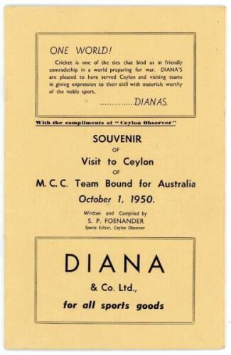 M.C.C. tour to Ceylon and Australia 1950/51. Rare tour booklet, 'Souvenir of Visit to Ceylon of M.C.C. Team Bound for Australia October 1, 1950'. Written and compiled by S.P. Foenander, Sports Editor, Ceylon Observer, Colombo. 17pp plus advertising. Featu