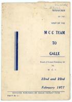 M.C.C. tour to India, Sri Lanka and Australia 1976/77. Official 'Souvenir of the Visit of the M.C.C. Team to Galle'. Official programme for the match Board of Control's President's XI v M.C.C., 22nd &amp; 23rd February 1977. Published by Galle Cricket Clu