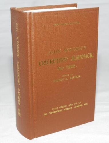 Wisden Cricketers' Almanack 1922. Willows hardback reprint (2006) in dark brown boards with gilt lettering. Limited edition 331/500. Very good condition - cricket