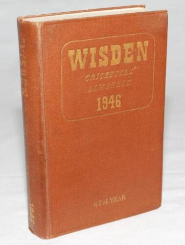 Wisden Cricketers' Almanack 1946. 83rd edition. Original hardback. Only 5000 hardback copies were printed in this war year. Some fading and wear to the gilt titles on the spine, minor wear to front internal hinges, odd very minor faults otherwise in good 