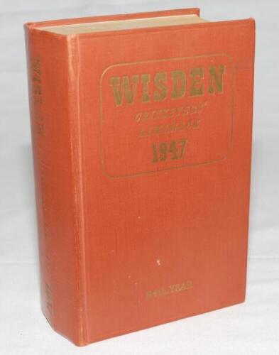 Wisden Cricketers' Almanack 1947. Original hardback. Minor fading and wear to the gilt titles on the spine, some splitting to front internal hinge, handwritten inscription to top border of first advertising page, browning to pages otherwise in good condit