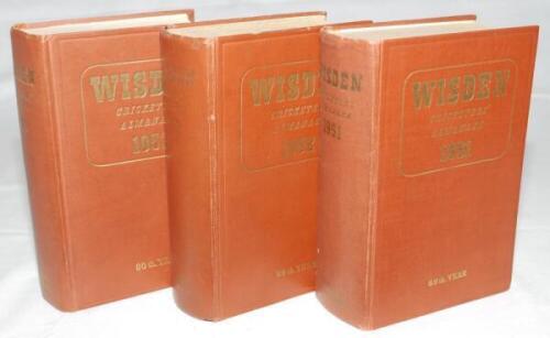 Wisden Cricketers' Almanack 1951, 1952 and 1953. Original hardback editions. The 1951 edition with broken front and rear internal hinges, covered with old tape, handwritten inscription to top border of first advertising page, the 1952 edition with broken 